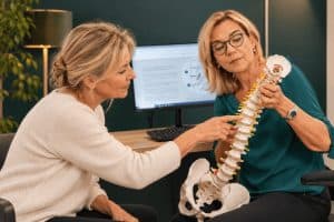Quiropráctica explicando la columna vertebral a una clienta