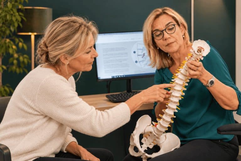 Quiropráctica explicando la columna vertebral a una clienta